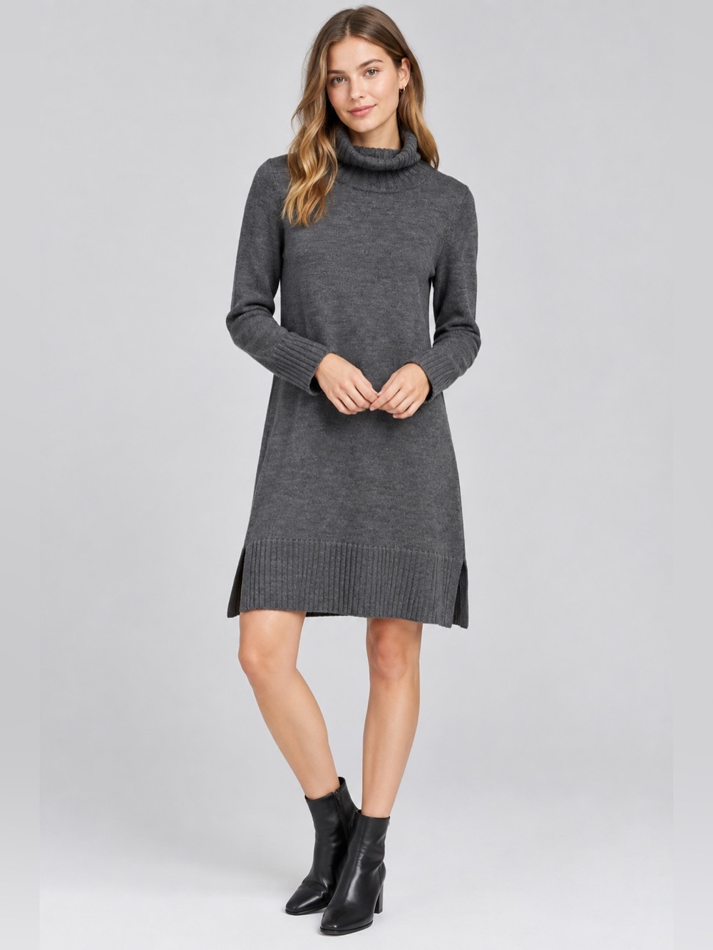 Eileen fisher 100% Extra Fine Merino Wool Cowl Neck Sweater Dress Grey XS